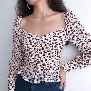 Brandy Melville Red and White Floral Blouse